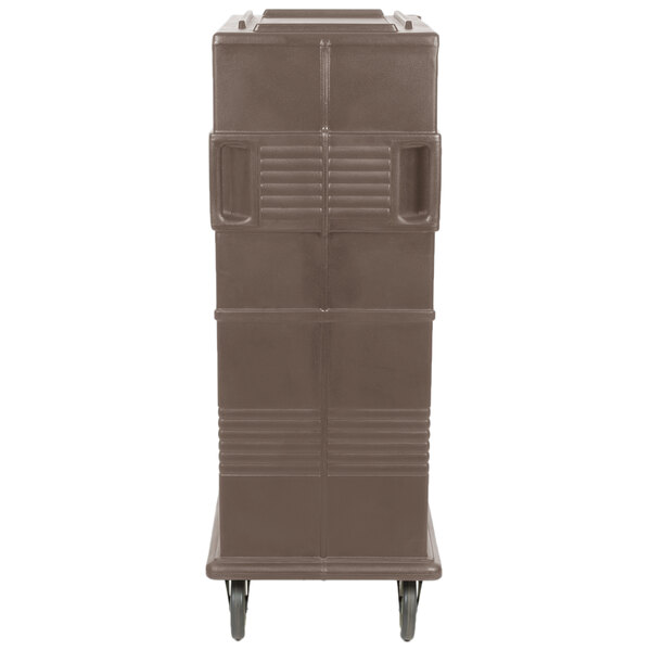 A Cambro granite sand insulated food pan carrier on wheels.