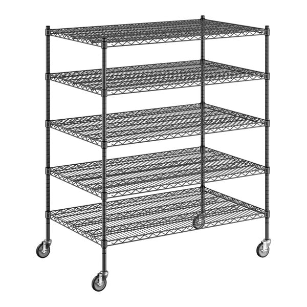 A black Regency wire shelving unit with wheels.