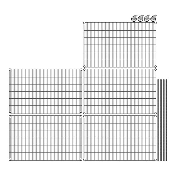 A close-up of black wire mesh shelves with a grid pattern.