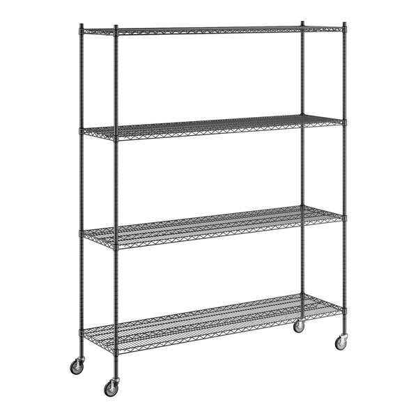 A Regency black wire shelving unit with wheels.