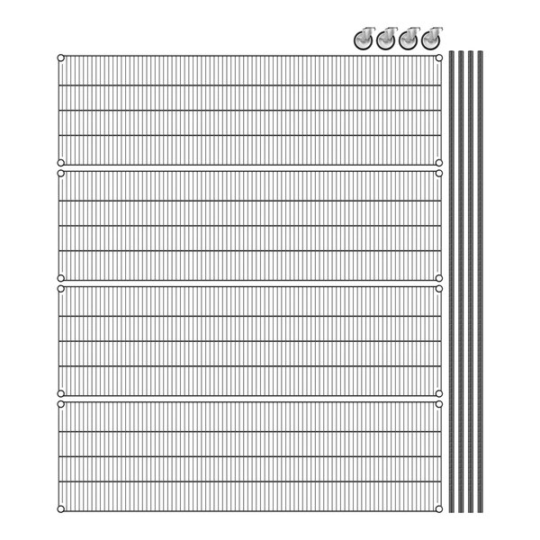 A Regency mobile wire shelving starter kit with 4 shelves, wheels, and metal rods.