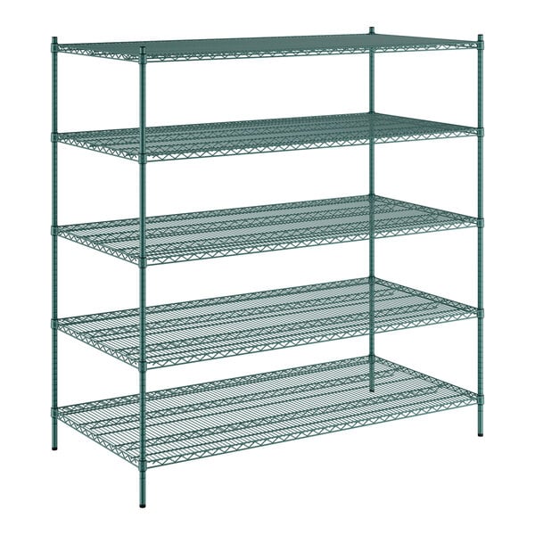 A green Regency wire shelving unit with four shelves.