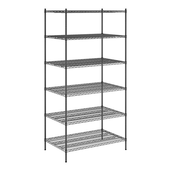 A black metal Regency wire shelving unit with six shelves.