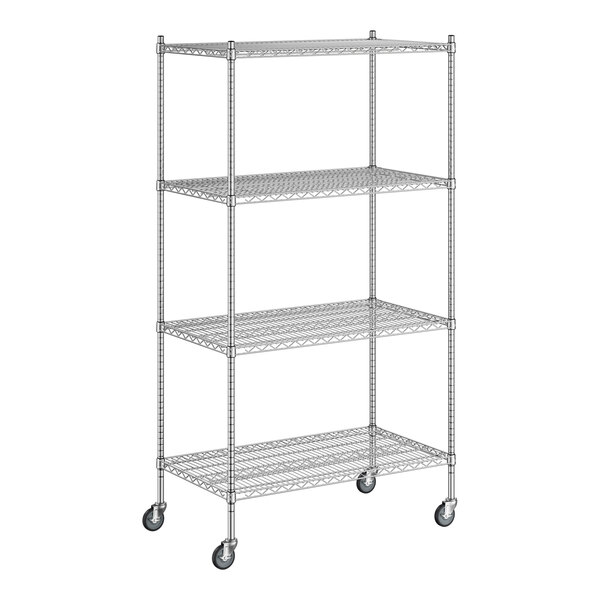 A Regency chrome wire shelving unit with wheels.