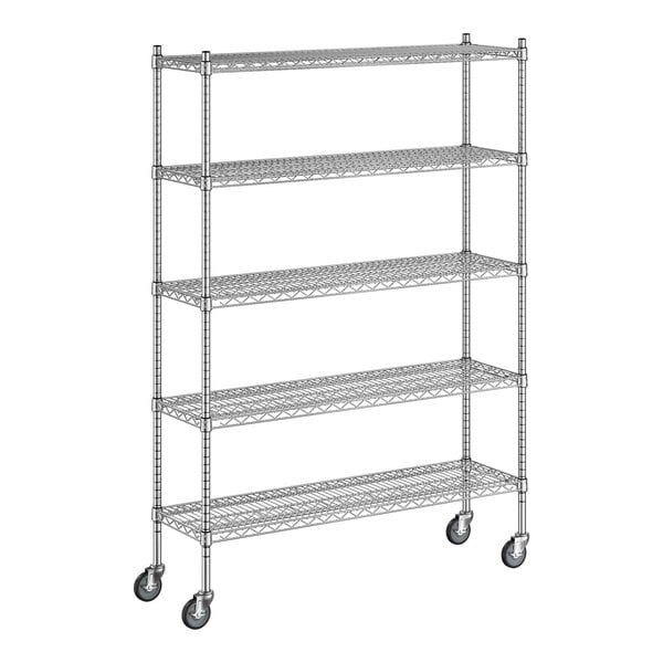 A Regency chrome mobile wire shelving unit with wheels.