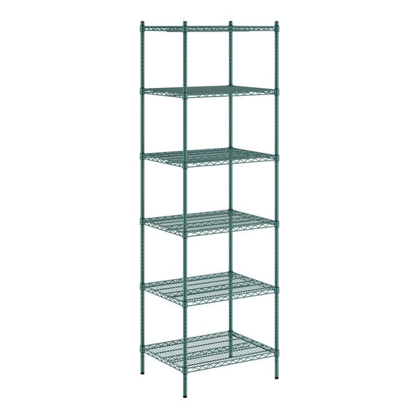 A Regency green metal wire shelving unit with six shelves.