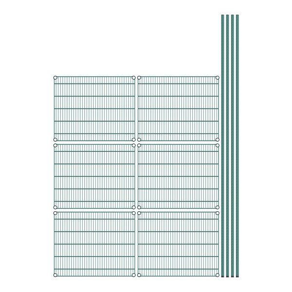 A wire mesh grid with green epoxy coating and 6 metal shelves.