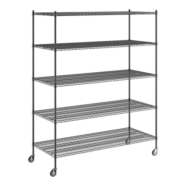 A Regency black wire shelving unit with wheels.
