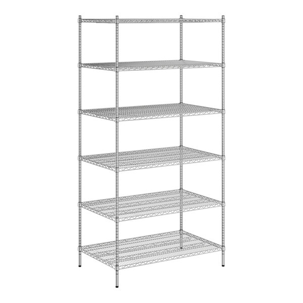 A wireframe of a Regency chrome stationary wire shelving unit with 6 shelves.