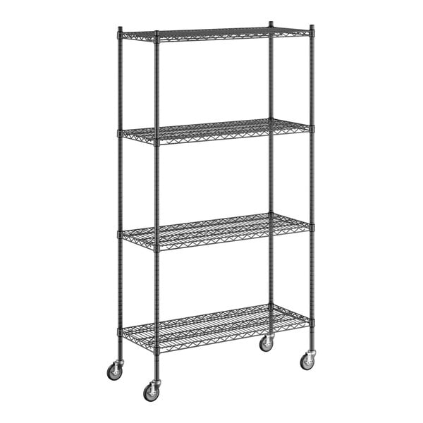 A Regency black wire shelving unit with wheels.