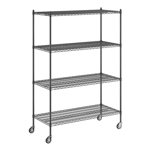 A Regency black wire shelving unit with wheels.