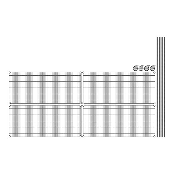 A Regency wire shelving unit with four wire shelves and black metal bars.