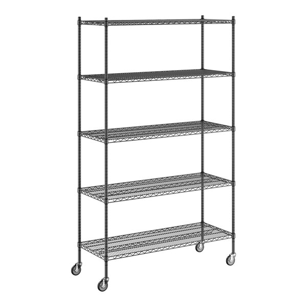 A Regency black wire shelving unit with wheels.