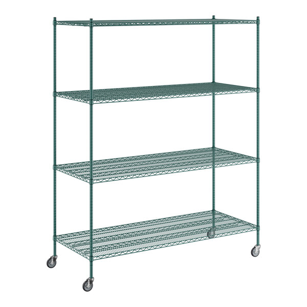 A Regency green wire shelving unit with wheels.