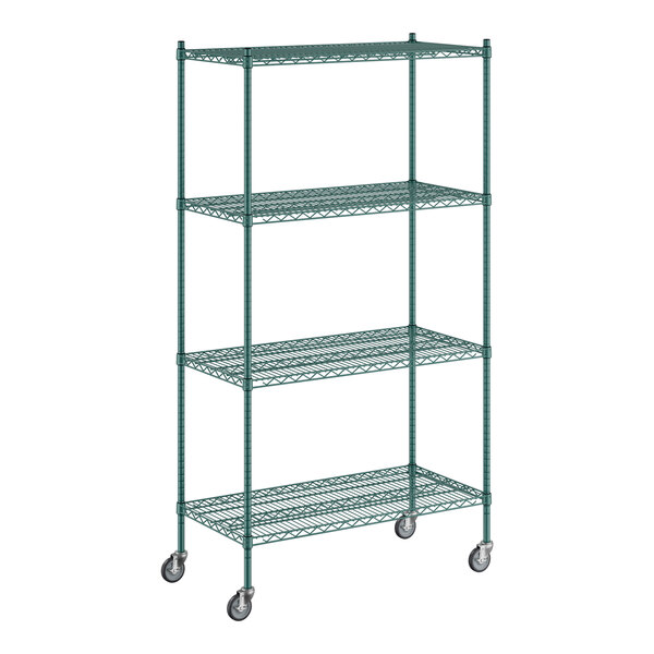 A Regency green wire shelving unit with wheels.