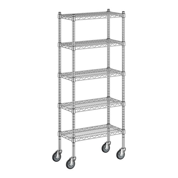 A Regency chrome wire shelving unit with wheels.