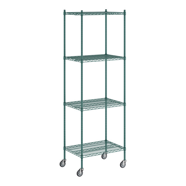 A Regency green wire shelving unit on wheels with 4 shelves.