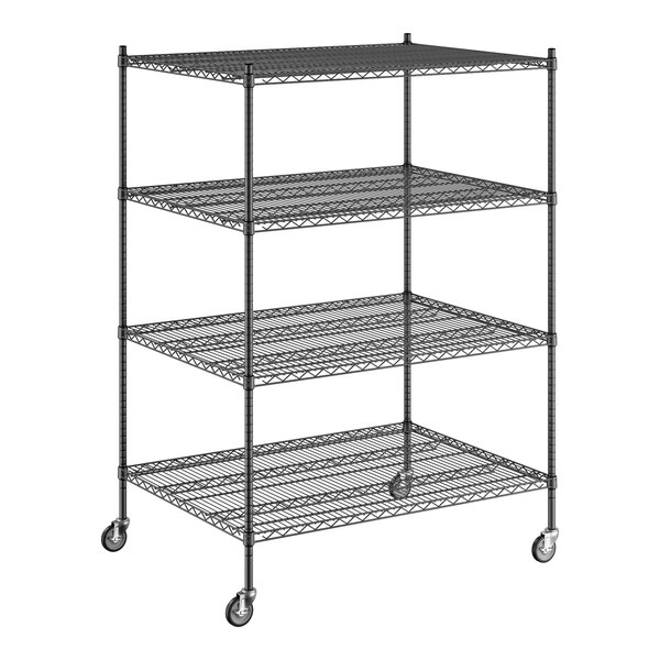 A Regency black wire shelving unit with wheels.