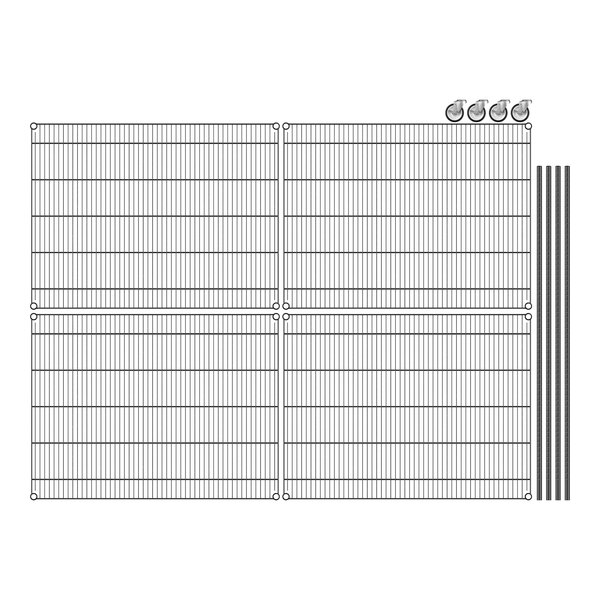 A white wire shelving unit with metal rods forming a grid.