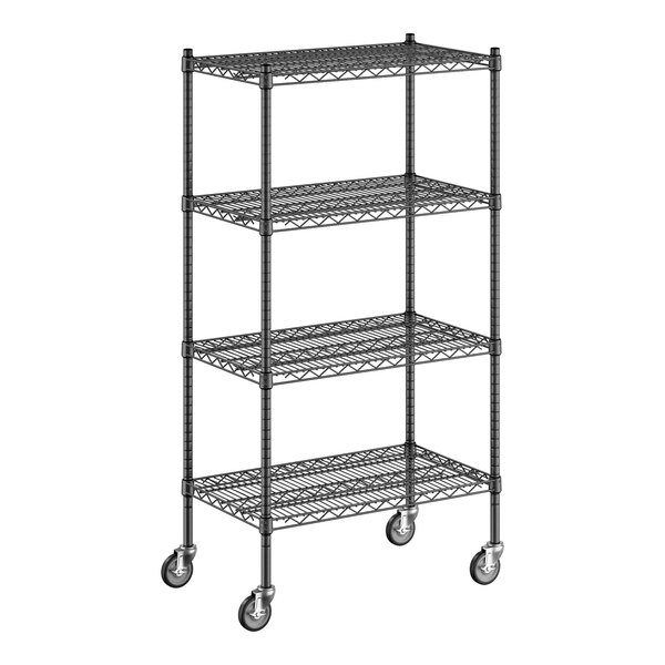 A black wire Regency shelving unit with wheels.