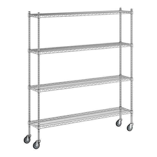 A Regency stainless steel wire shelving unit with wheels.