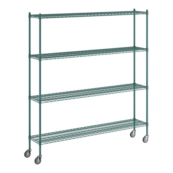 A green metal Regency wire shelving unit with wheels.