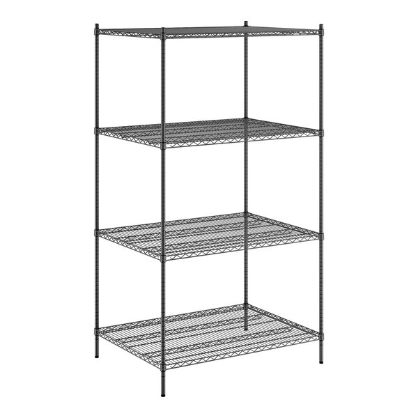 A Regency black wire shelving unit with four shelves.