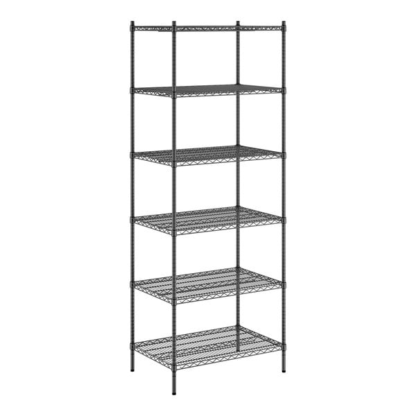 A black metal Regency wire shelving unit with 6 shelves.