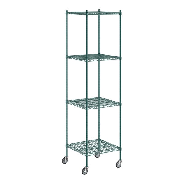 A Regency green wire shelving unit with wheels.