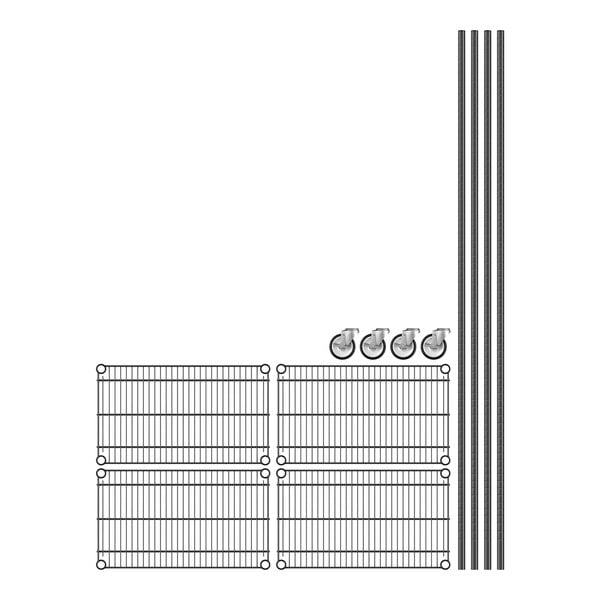 A black wire shelving unit with metal bars forming a grid.