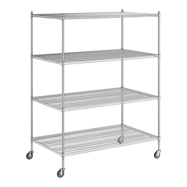 A Regency chrome mobile wire shelving unit with 4 shelves and wheels.