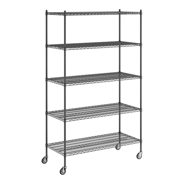 A Regency black wire shelving starter kit with wheels and five shelves.