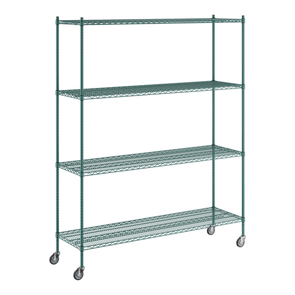 A green metal Regency wire shelving unit with wheels.