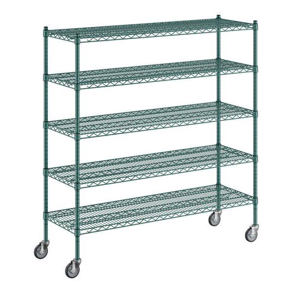 A Regency green metal wire shelving unit with wheels.