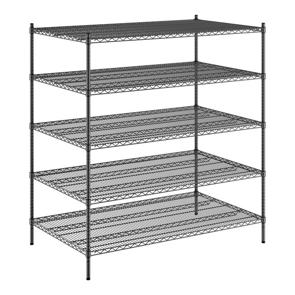 A Regency black wire shelving unit with five shelves.