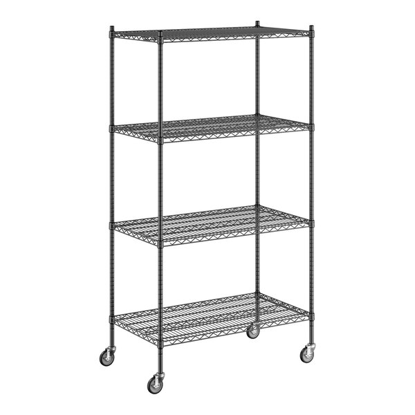 A Regency black wire shelving unit with wheels.