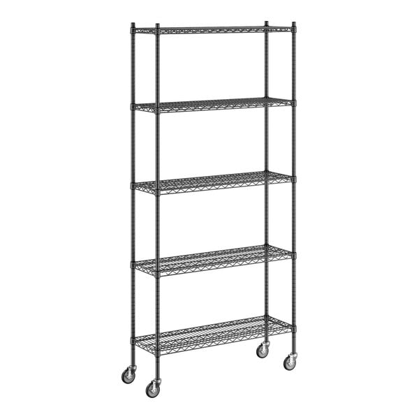 A Regency black wire shelving unit with wheels.