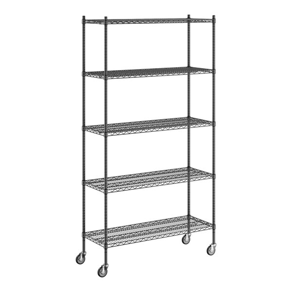 A Regency black wire shelving unit with wheels.