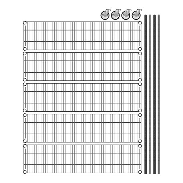 A grid of black wire shelves on metal wheels.
