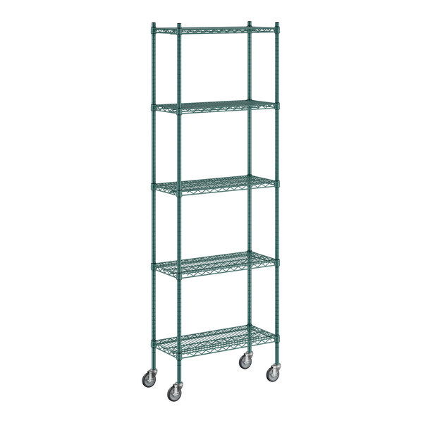 A Regency green metal shelving unit with wheels.