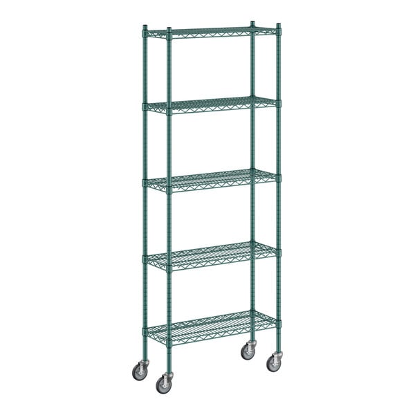A Regency green wire shelving unit with wheels.