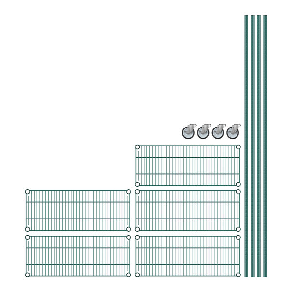 A Regency mobile wire shelving unit with green epoxy coating.