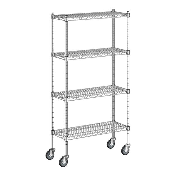 A Regency chrome wire shelving unit with wheels.