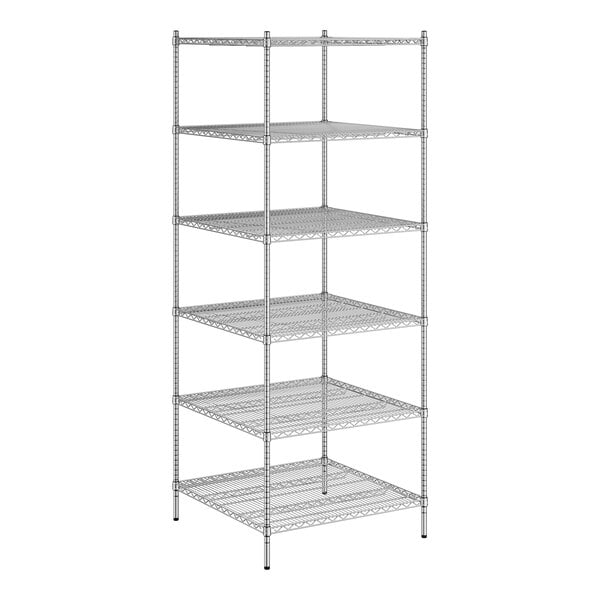 A wireframe of a Regency chrome stationary wire shelving unit with six shelves.