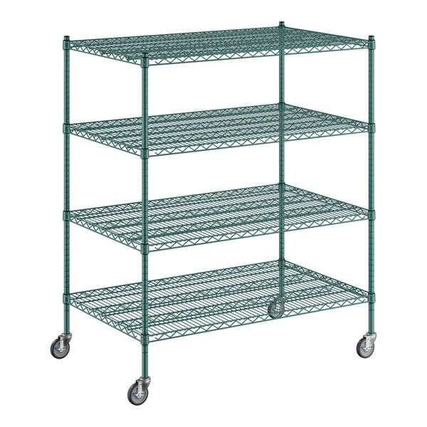 A Regency green wire shelving cart with four shelves.