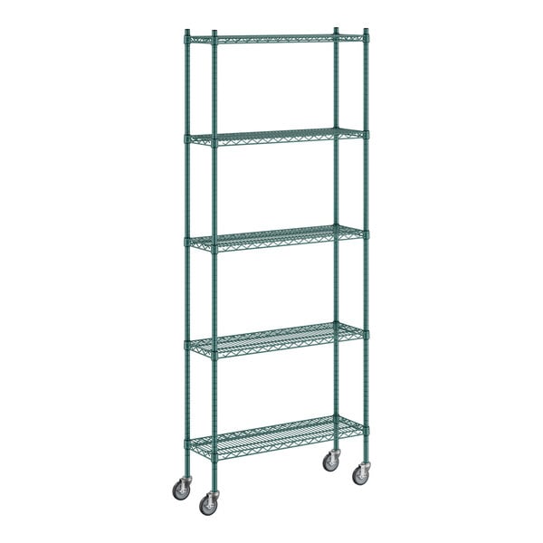 A Regency green wire shelving unit on wheels with five shelves.