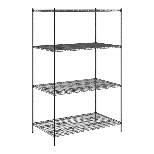 A Regency black metal wire shelving unit with 4 shelves.