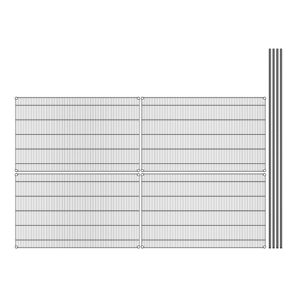 A grid of black metal wire with metal rods forming shelves.