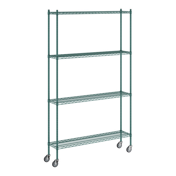 A Regency green wire shelving unit with wheels.