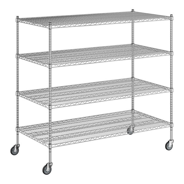 A Regency chrome wire shelving unit with wheels and four shelves.